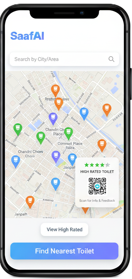 SaafAI mobile app showing toilet locations
